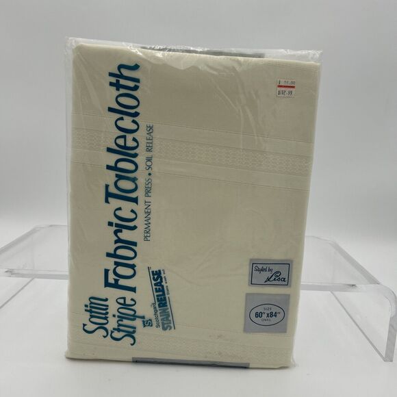 NOS Satin Stripe Fabric Cream Tablecloth NIP 100% Textured Polyster 60 x 84 Oval - Picture 2 of 12